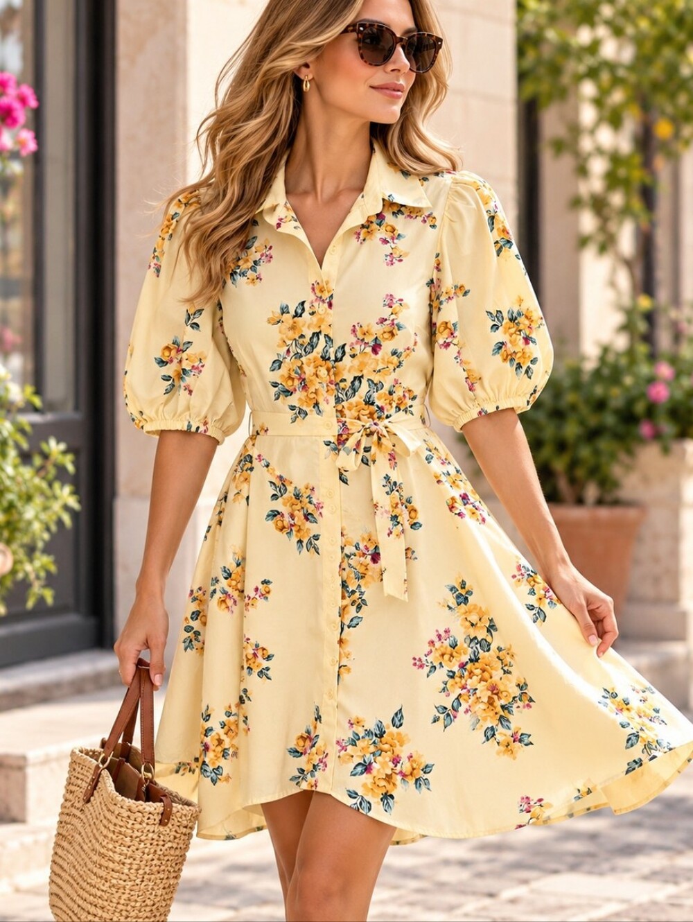 A New Day Yellow Floral Cotton Puff Sleeve Shirt Dress M